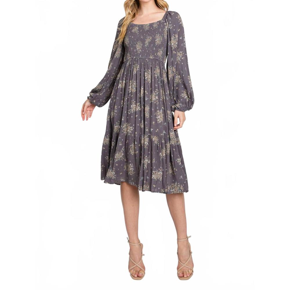 NEW ELLEBORN printed smocked dress in grey